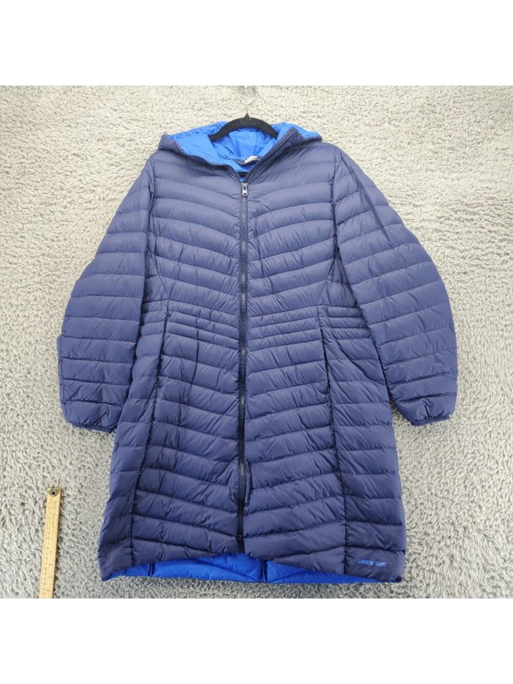 Lands End Jacket Womens Large Navy Blue Hooded Down Puffer Lightweight Warm